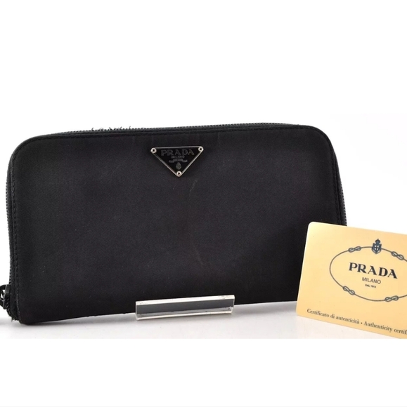 PRADA Logo Plate Long Wallet Tessuto Nylon Saffiano Leather Auth w/Card - Picture 1 of 8